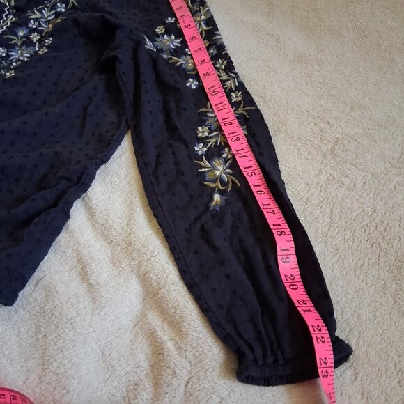 J. Jill Women's Size Medium Navy Blue Embroidered Floral Swiss Dot Boho Top - Picture 12 of 12